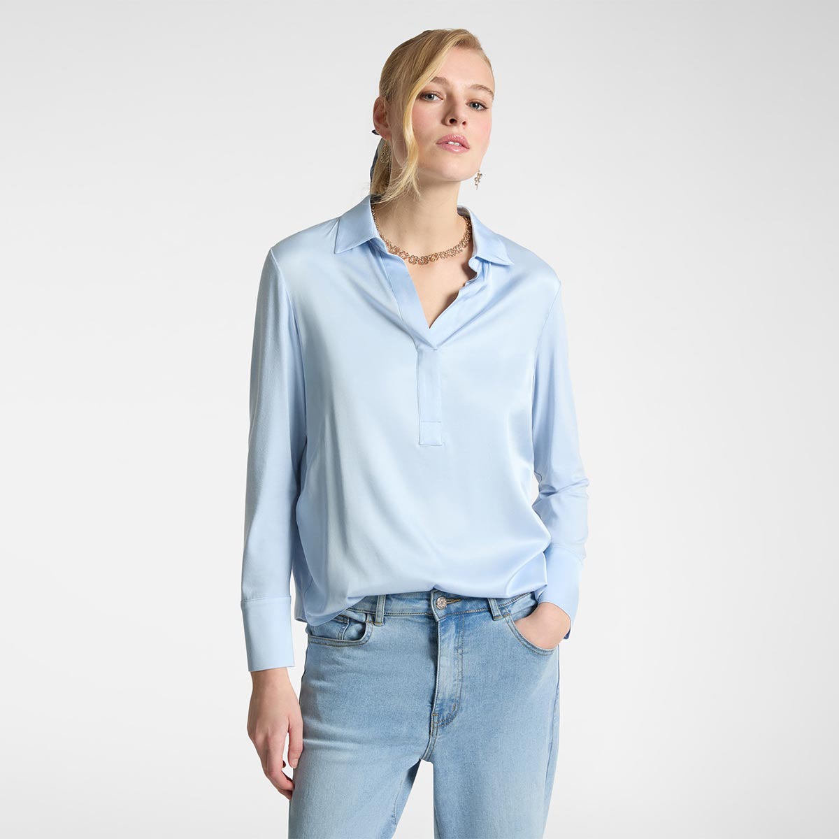 T-shirt polo in raso e jersey