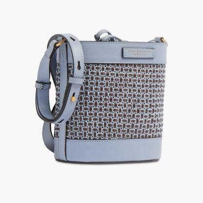 Borsa secchiello a tracolla in pelle e paglia