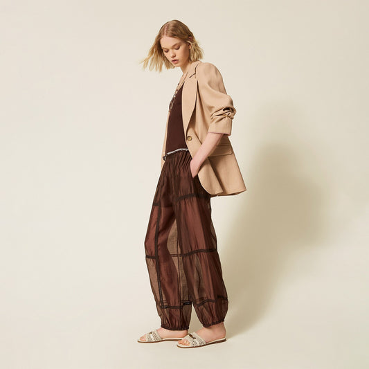 Pantaloni joggers in voile con pizzo