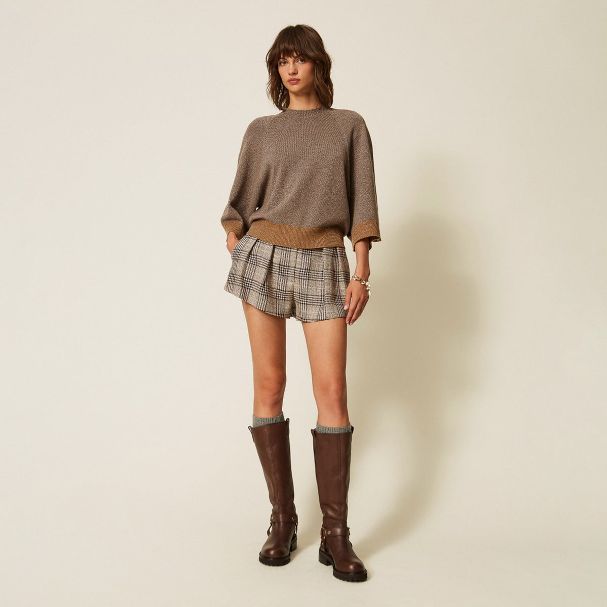 Maglia cropped in lana e cashmere con lurex