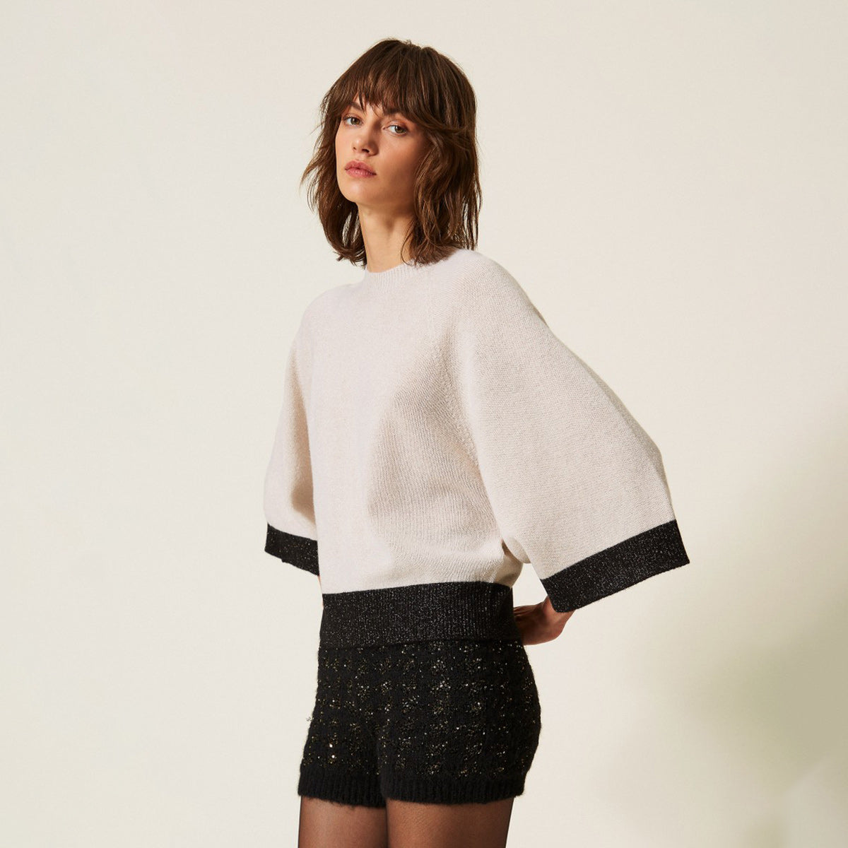 Maglia cropped in lana e cashmere con lurex
