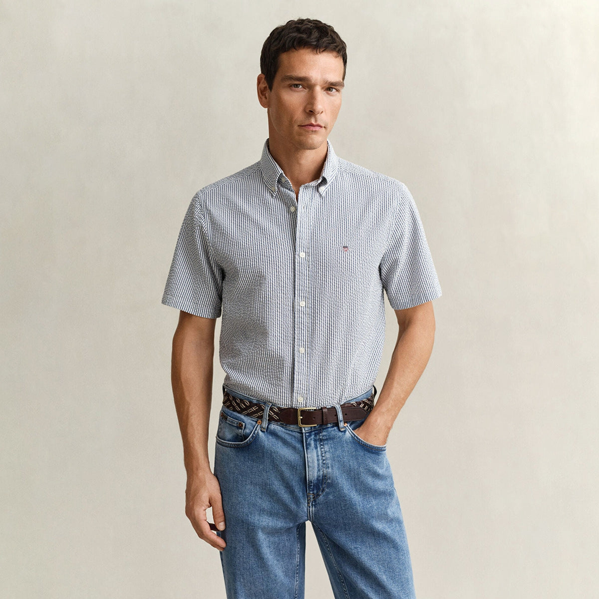 Camicia mezza manica a righe goffrata