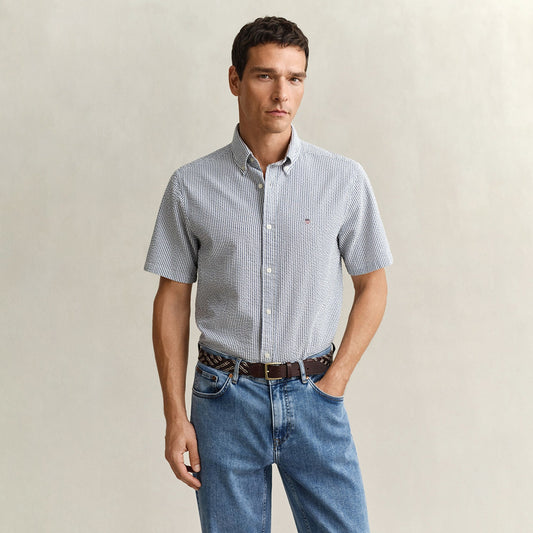 Camicia mezza manica a righe goffrata