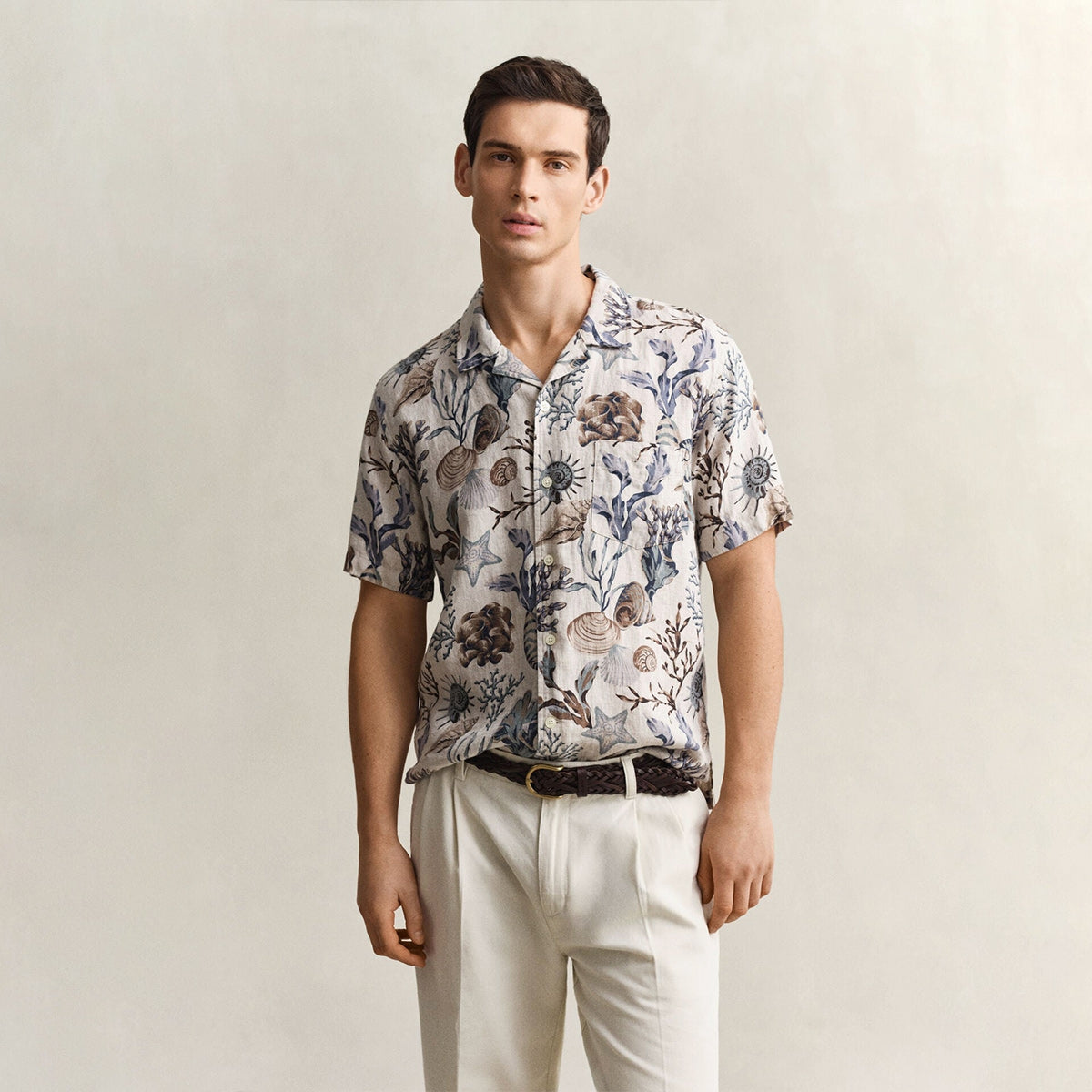 Camicia mezza manica in lino a fantasia