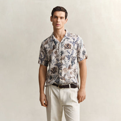 Camicia mezza manica in lino a fantasia