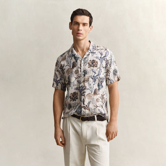 Camicia mezza manica in lino a fantasia