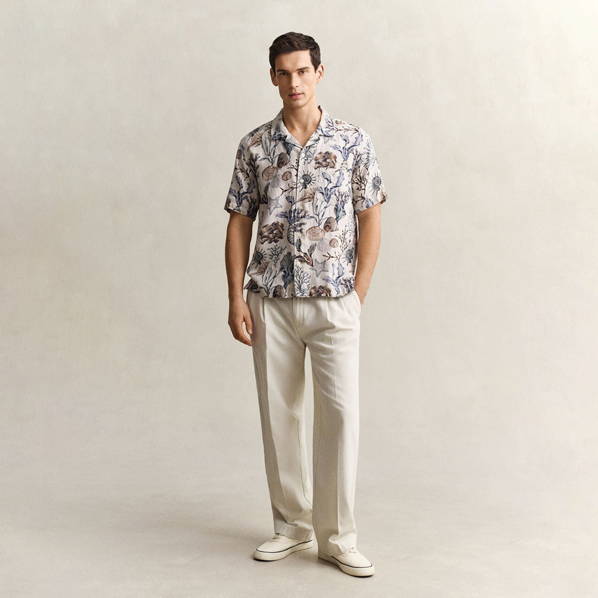 Camicia mezza manica in lino a fantasia