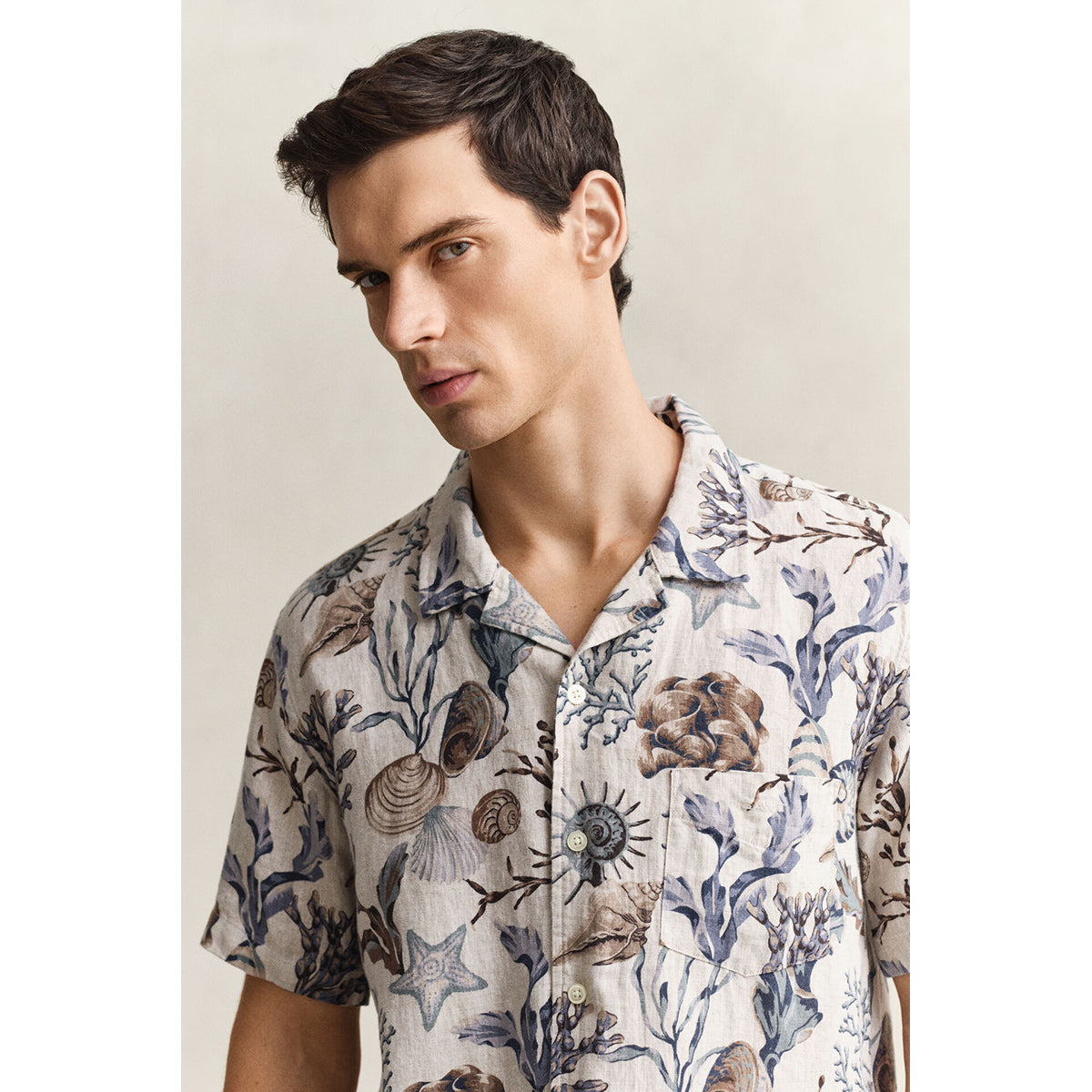Camicia mezza manica in lino a fantasia