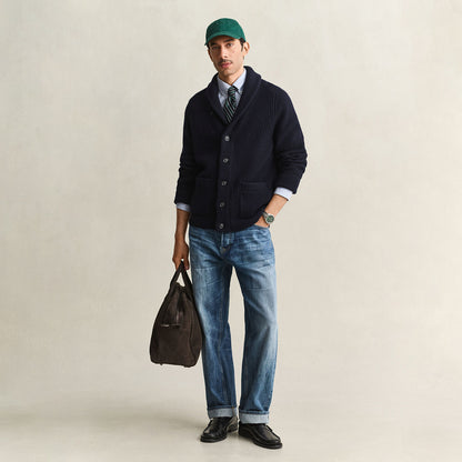 Cardigan con bottoni in misto lana a coste