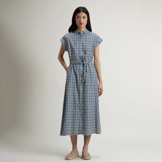 Vestito a fantasia in misto cotone con cintura
