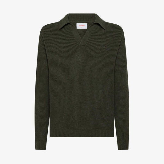 Polo in lana e cashmere a coste militare scuro