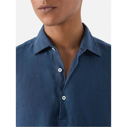 Camicia in lino blu bottoni a serafino