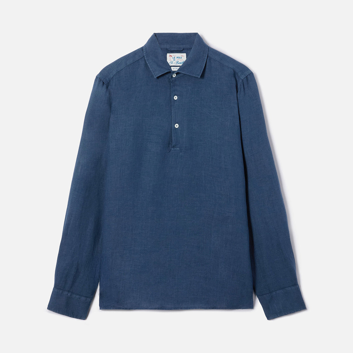 Camicia in lino blu bottoni a serafino