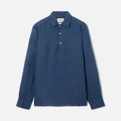 Camicia in lino blu bottoni a serafino