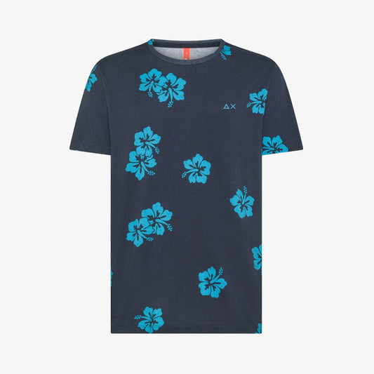 T-shirt blu con stampa fiori