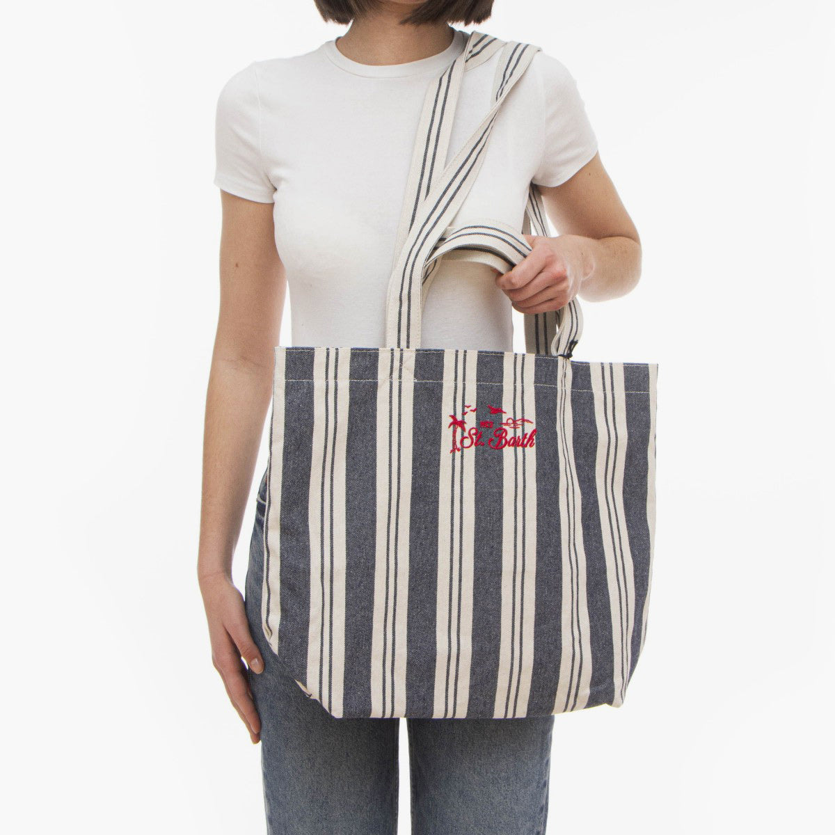 Borsa shopper a righe in cotone