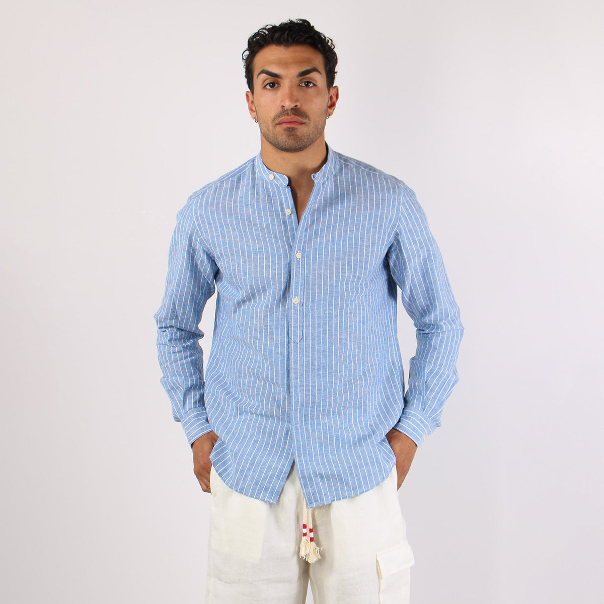Camicia coreana in lino a righe