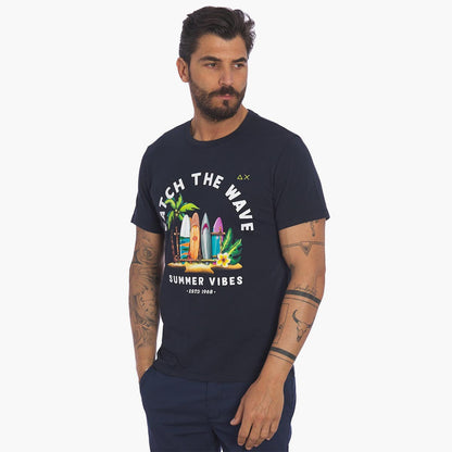 T-shirt blu con stampa "catch the wave"